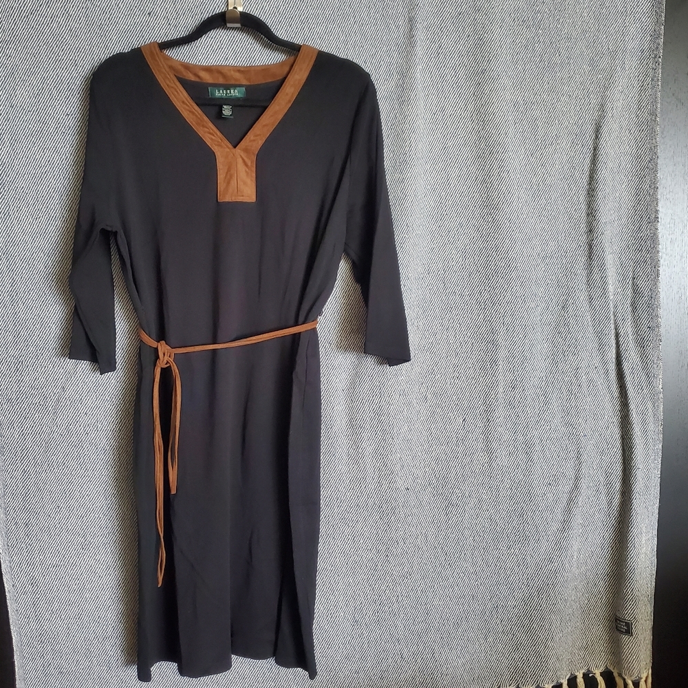 LAUREN Rallph Lauren - 2X - Mid-Length Black Dress + Faux Seude Trim/Belt - EUC